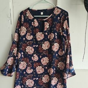 Blue Rain Floral Midi Dress - Navy and Pink
